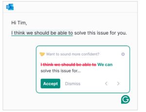 Grammarly suggestion pop-up rewriting a sentence for better tone and clarity